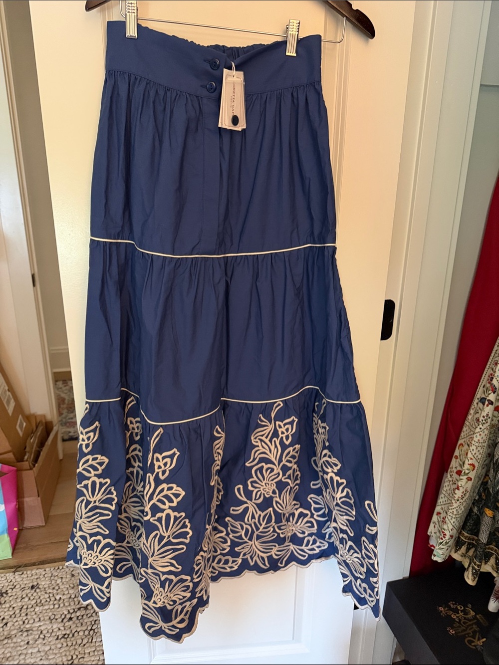 Loretta Caponi Blue Embroidered Skirt M